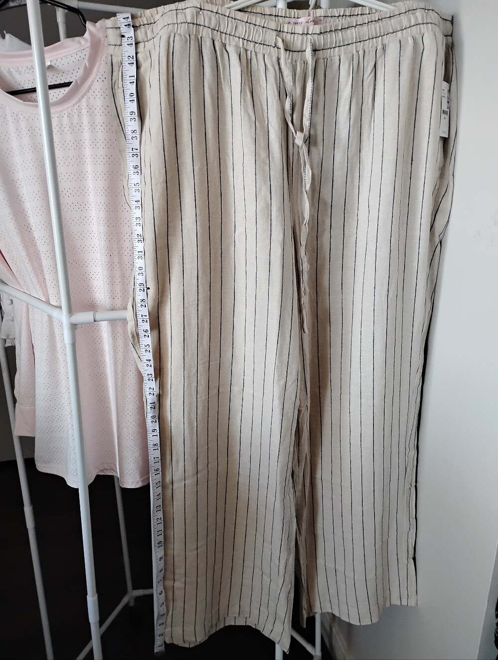 Penningtons Women Linen Blend Beige/Charcoal Striped Wide Leg Drawstring Pants